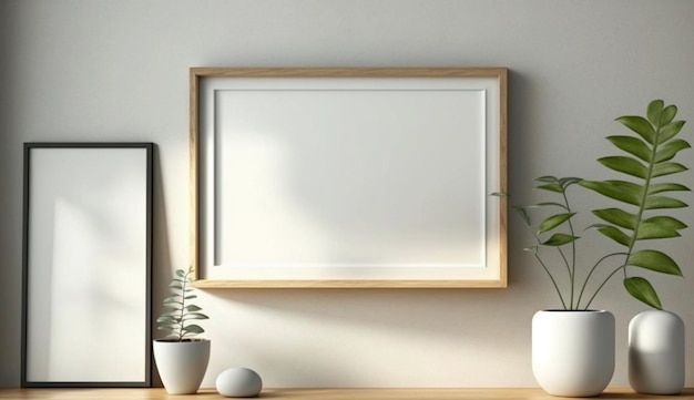 Mockup di cornice vuota in legno sulla parete in interni moderni Grafica orizzontale Ai generati