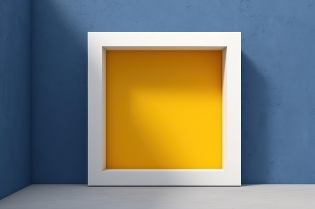 Mockup di cornice vuota quadrata bianca gialla in stile Bauhaus su sfondo parete blu e pavimento grigio chiaro Stile minimal Design semplice colorato 3d illustrazione generativa AI