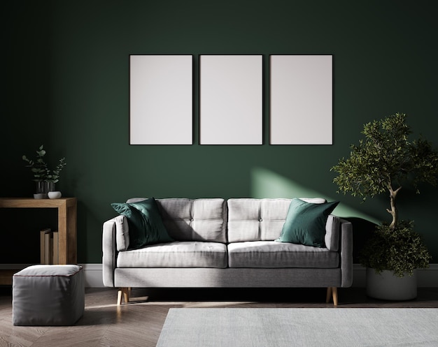 Mockup di cornici per poster in soggiorno di sfondo interno domestico nei toni del verde e del grigio rendering 3d