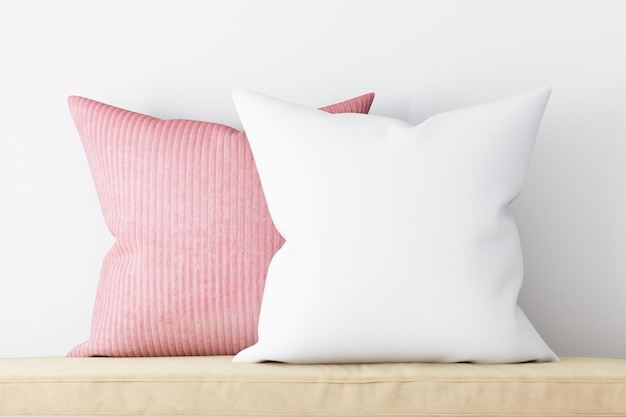 Mockup di cuscino bianco con cuscino rosa rendering 3d