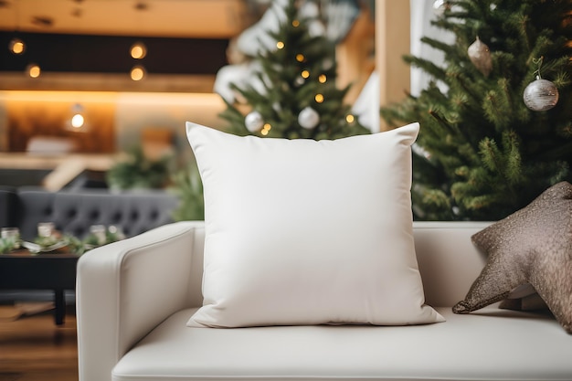 Mockup di cuscino bianco vuoto sul divano in pelle con albero di Natale e luci bokeh sfondo Composizione del modello di vacanza con decorazione Spazio per la copia