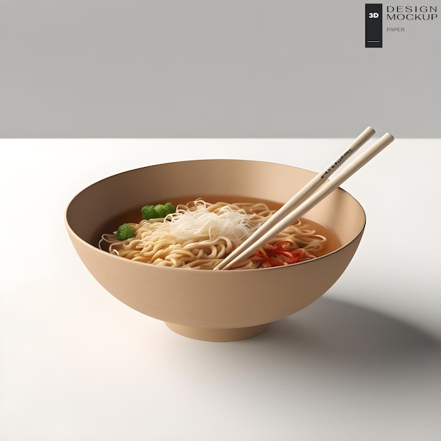 Mockup di design di una ciotola di ramen di carta ecologica e bacchette