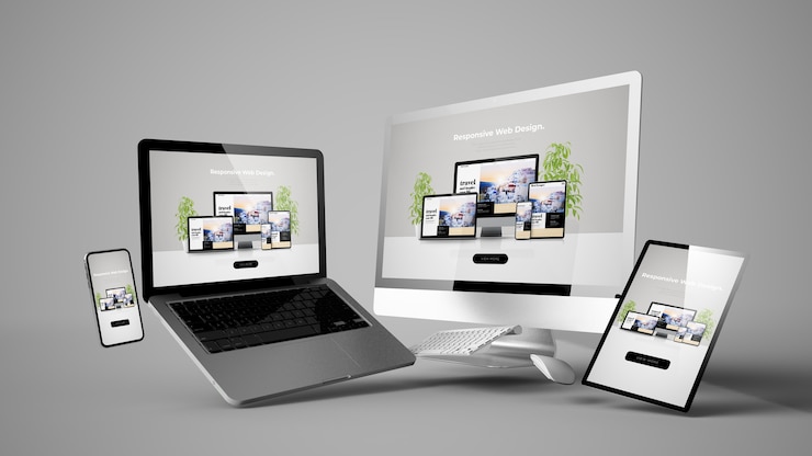 Foto mockup di dispositivi galleggianti con rendering 3d del sito web responsive