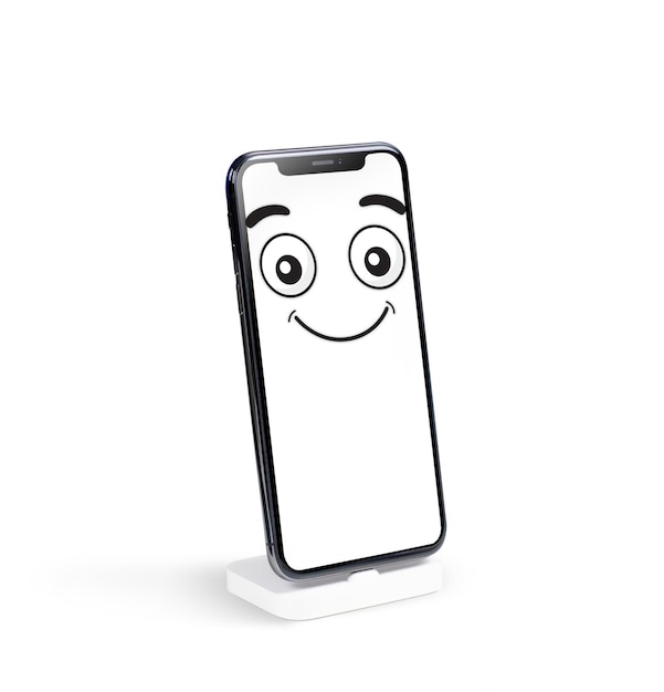 Mockup di dispositivo smartphone con emoticon faccia leggermente sorridente che disegna sullo schermo