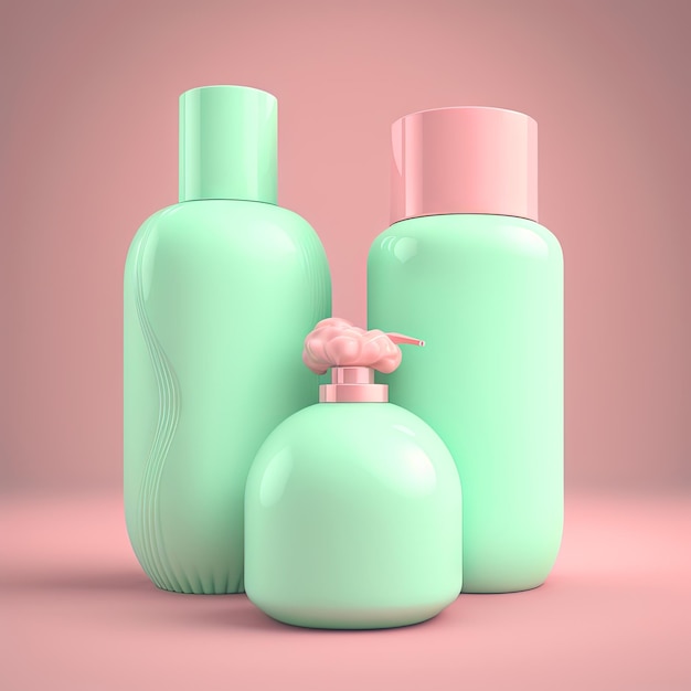 Mockup di flaconi per cosmetici Bottiglie verdi vuote su sfondo rosa AI generativa