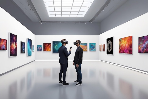 Mockup di galleria di realtà virtuale di aste d'arte futuristiche con offerte e aggiornamenti in tempo reale