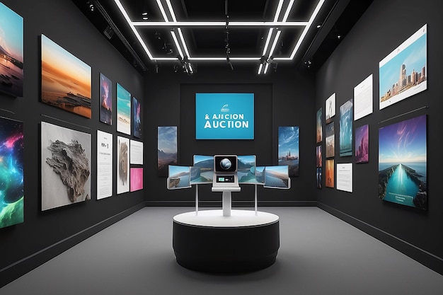 Mockup di galleria di realtà virtuale di aste d'arte futuristiche con offerte e aggiornamenti in tempo reale
