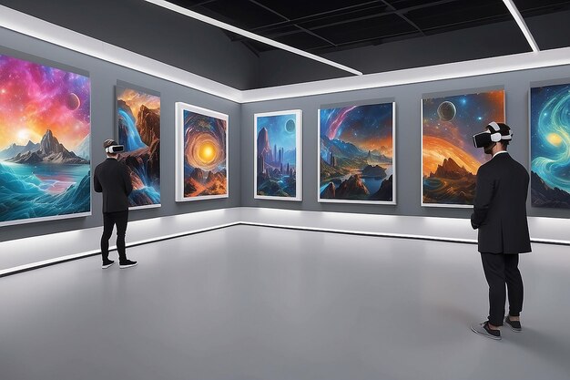 Mockup di galleria di realtà virtuale di aste d'arte futuristiche con offerte e aggiornamenti in tempo reale