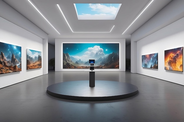 Mockup di galleria di realtà virtuale di aste d'arte futuristiche con offerte e aggiornamenti in tempo reale