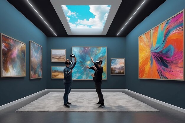 Mockup di galleria di realtà virtuale di aste d'arte futuristiche con offerte e aggiornamenti in tempo reale