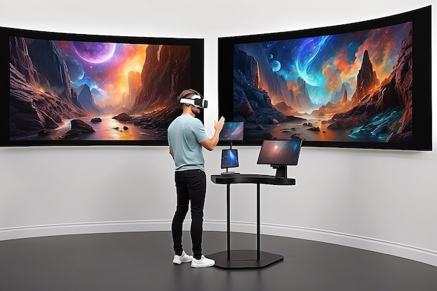 Mockup di galleria di realtà virtuale di aste d'arte futuristiche con offerte e aggiornamenti in tempo reale