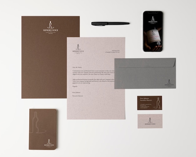 Mockup di identità aziendale marrone per attività di cancelleria professionale branding flat lay design