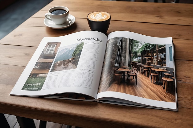 Mockup di immagini di riviste e percorsi al tavolo di legno locale nel caffè