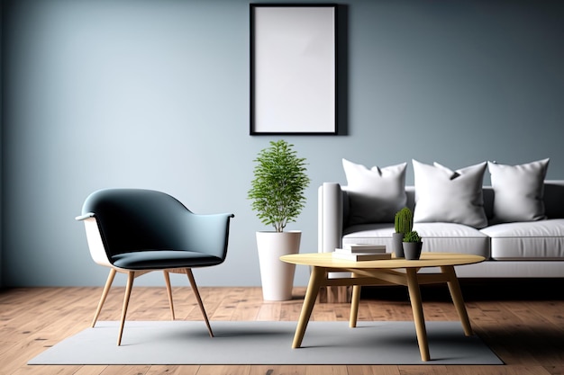 Mockup di interior design del soggiorno con tavolo e sedia in legno