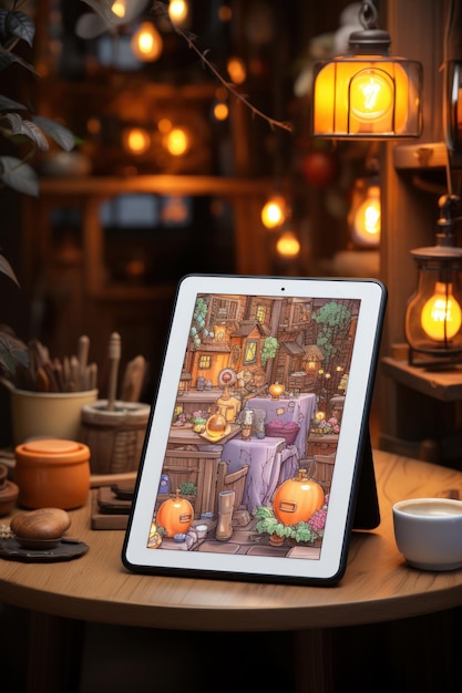 Mockup di iPad su un tavolo di legno in una stanza accogliente e in una caffetteria con fiori e una tazza di caffè