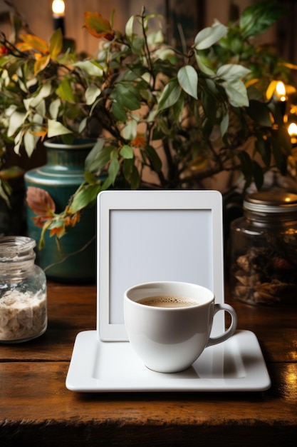 Mockup di iPad su un tavolo di legno in una stanza accogliente e in una caffetteria con fiori e una tazza di caffè