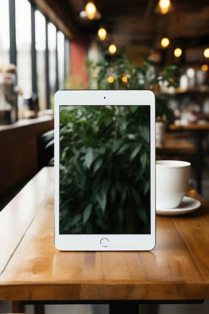 Mockup di iPad su un tavolo di legno in una stanza accogliente e in una caffetteria con fiori e una tazza di caffè