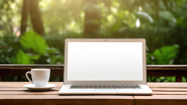 Mockup di laptop a schermo vuoto con una tazza di caffè su sfondo verde albero