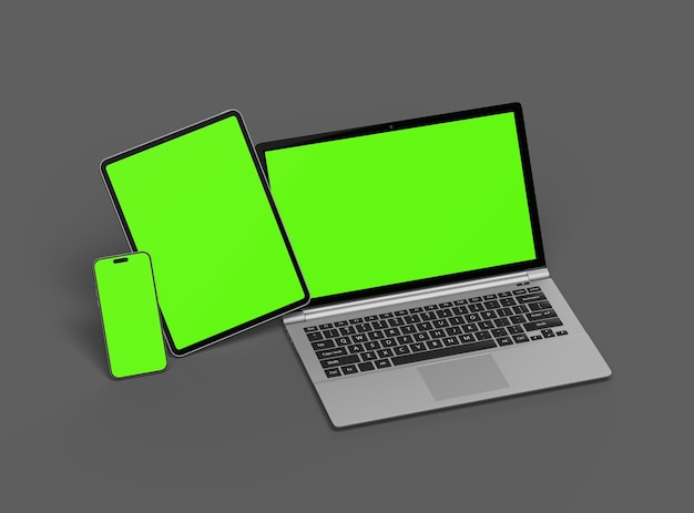 Mockup di laptop, tablet e smartphone su uno sfondo grigio