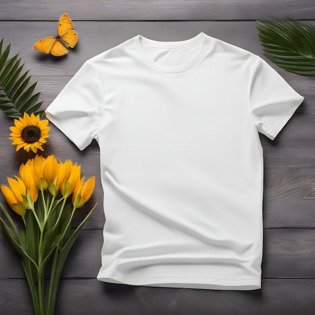 Mockup di maglietta bianca con girasoli e farfalla su fondo di legno