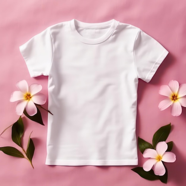 mockup di maglietta bianca semplice per sfondo di fiori rosa per bambini