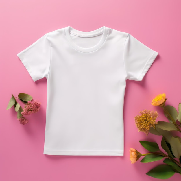 mockup di maglietta bianca semplice per sfondo di fiori rosa per bambini