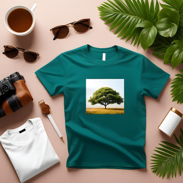 Mockup di maglietta con l'immagine di un albero di caffè e occhiali da sole