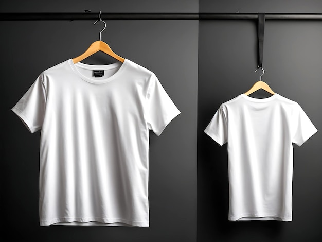 Mockup di maglietta in bianco su appendiere vista laterale anteriore e posteriore ad alta risoluzione