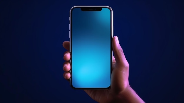 Mockup di mano che tiene lo smartphone con un mockup di visualizzazione dell'app schermata blu vuota