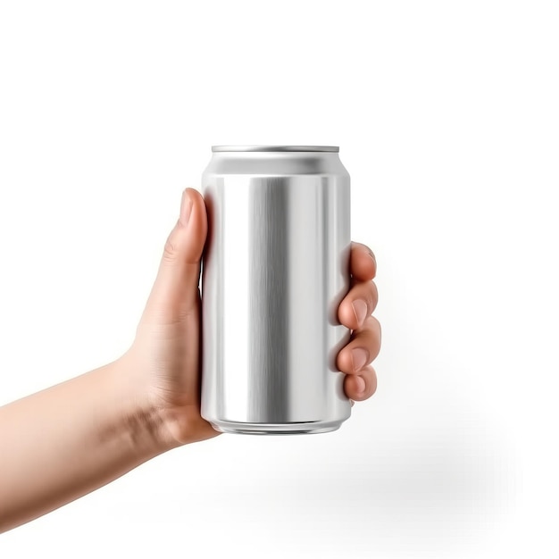 Mockup di mano che tiene una bevanda in alluminio bagnato può essere isolato su sfondo bianco