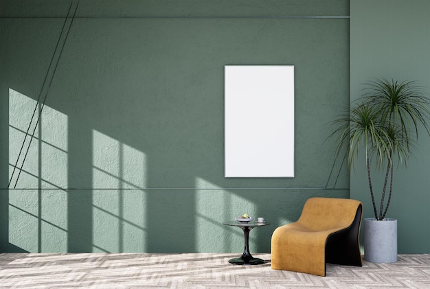 Mockup di parete del soggiorno moderno interno con sfondo di colore verde