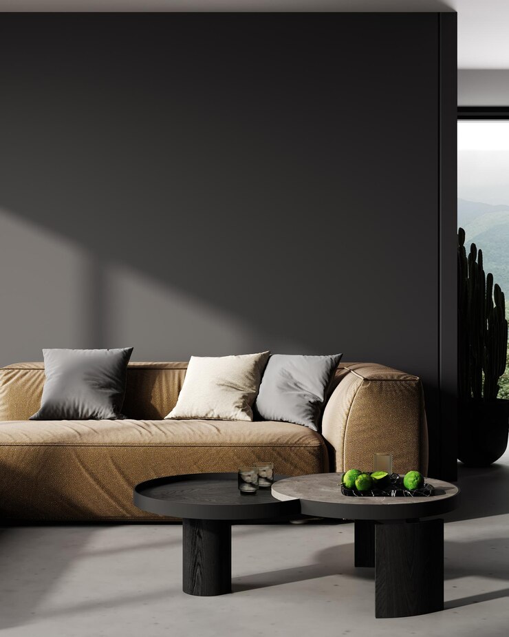 Mockup di parete grigio scuro in interni eleganti con divano marrone e tavolino da caffè rendering 3d