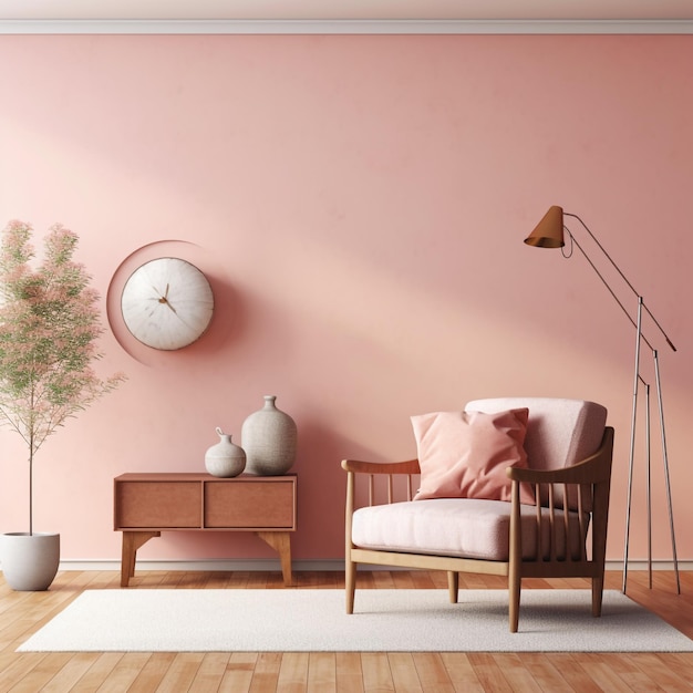 Mockup di parete interna del soggiorno 3d in toni caldi con poltrona rosa chiaro ai generati