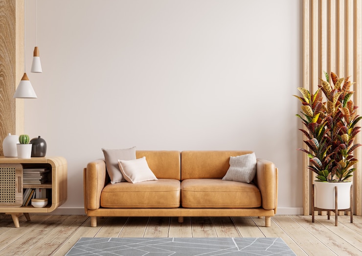 Foto mockup di parete soggiorno interno con divano in pelle e decorazioni su sfondo bianco.3d rendering
