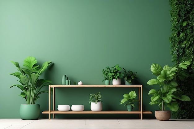Mockup di parete verde con pianta verde e rendering shelf3d
