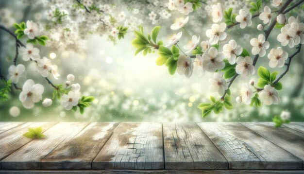 Mockup di Pasqua per l'esposizione del prodotto con fiori di ciliegio sopra lo sfondo primaverile del tavolo in legno