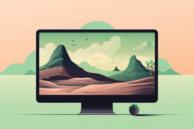 Mockup di PC con illustrazione in semplici colori pastello posto di lavoro Generativo Ai