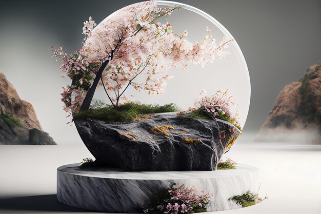 Mockup di podi cilindrici con ramo di delicati fiori di sakura