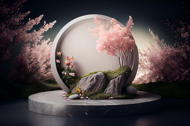 Mockup di podi cilindrici con ramo di delicati fiori di sakura