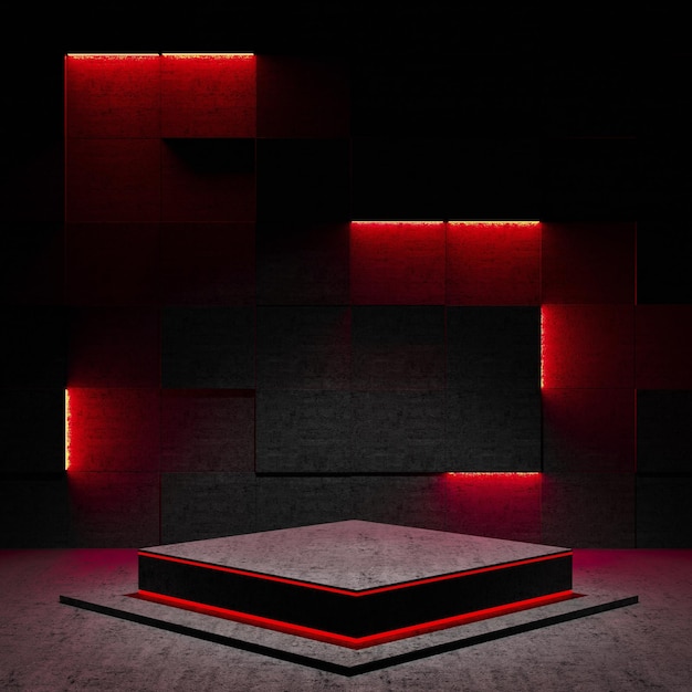 Mockup di podio con luci al neon rosse