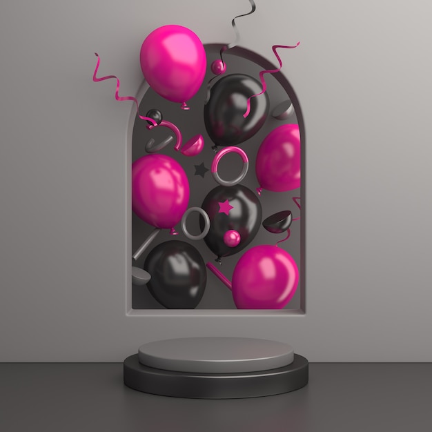 Mockup di podio di vendita del Black Friday con ballon rosa, rendering 3D