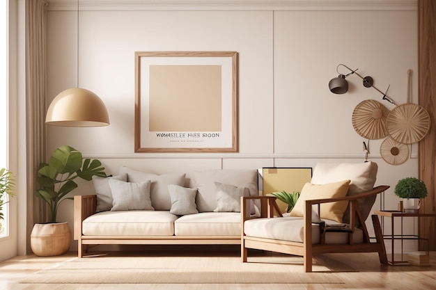 Mockup di poster con cornice in legno nel rendering 3d di sfondo interno domestico