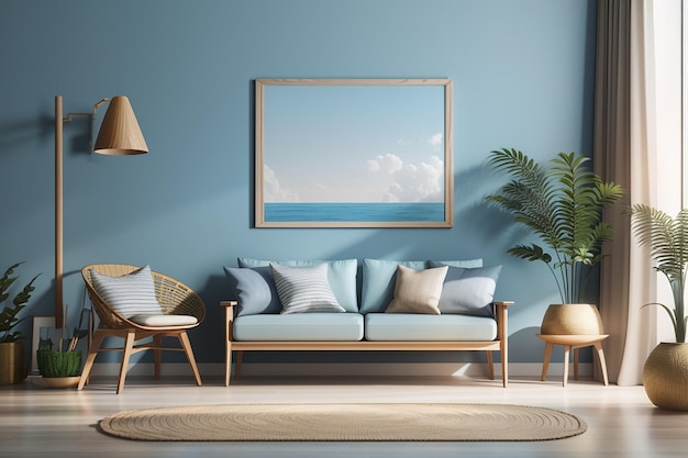 Mockup di poster con cornice in legno nell'interno della casa su sfondo blu della parete rendering3d