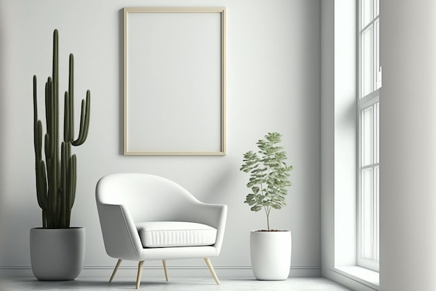 Mockup di poster con cornice verticale nel soggiorno casa semplice parete bianca interna IA generativa