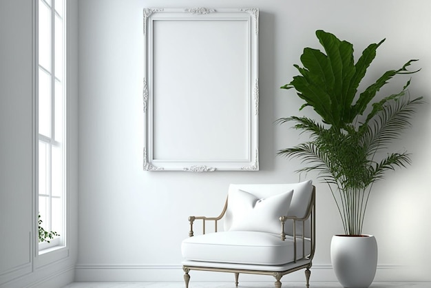 Mockup di poster con cornice verticale nel soggiorno casa semplice parete bianca interna IA generativa