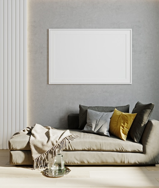 Mockup di poster orizzontale con cornice bianca all'interno del soggiorno con divano, cuscino giallo e decorazione. Rendering 3D, illustrazione