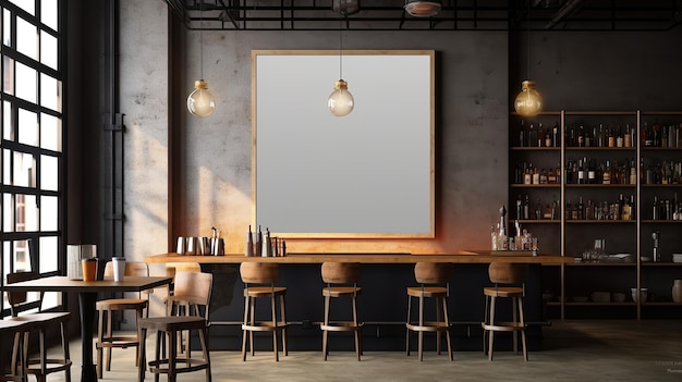 Mockup di poster verticale vuoto all'interno del bar Loft IA generativa