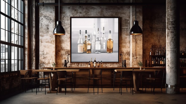 Mockup di poster verticale vuoto all'interno del bar Loft IA generativa