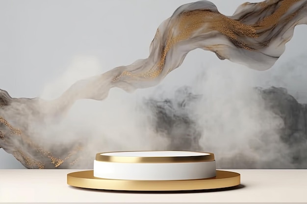 Mockup di presentazione del prodotto bianco e dorato con podio in marmo fumé con spazio per la copia