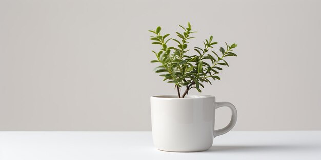 Mockup di primo piano di un piccolo albero artificiale in una tazza di ceramica bianca da sola su bianco
